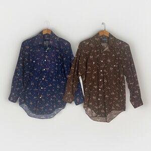 Vtg 80s Holbrook Button Up Mens Medium LOT of 2 Long Sleeve Ditsy Floral Retro